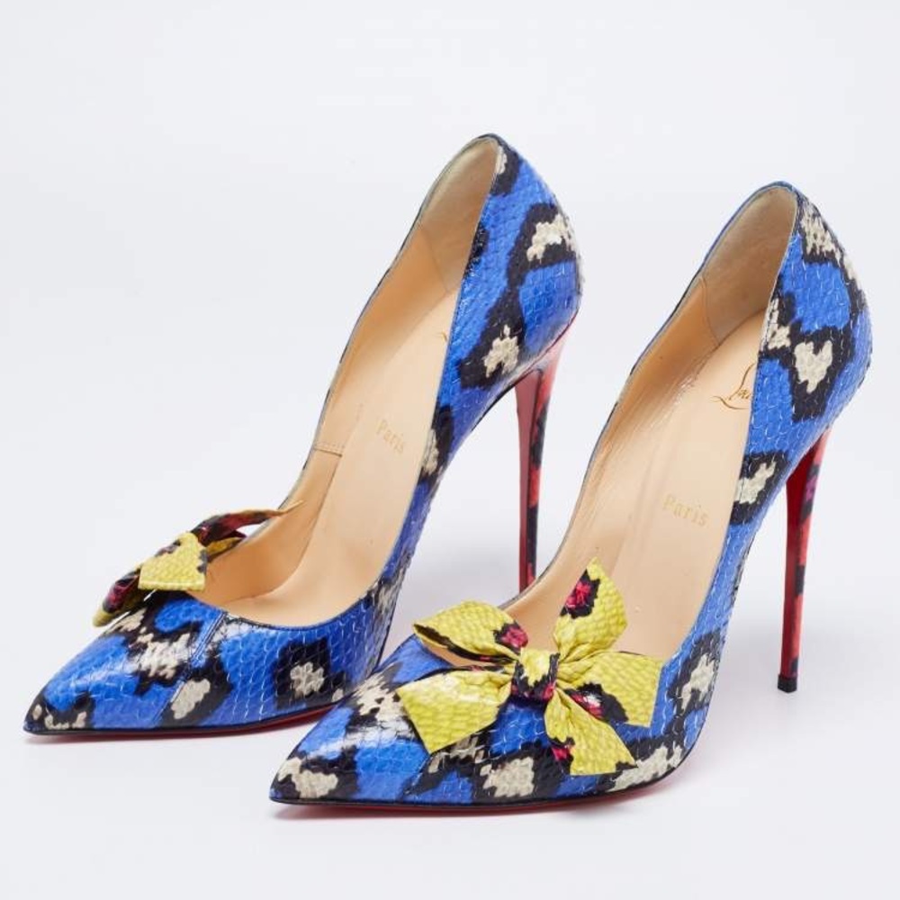 Authentic Christian Louboutin Madame Menodo Blue/Yellow Snakeskin Heels 38.5